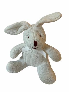 Baby Mode Signature White Cotton Knit Bunny Plush Toy Ribbon Neck